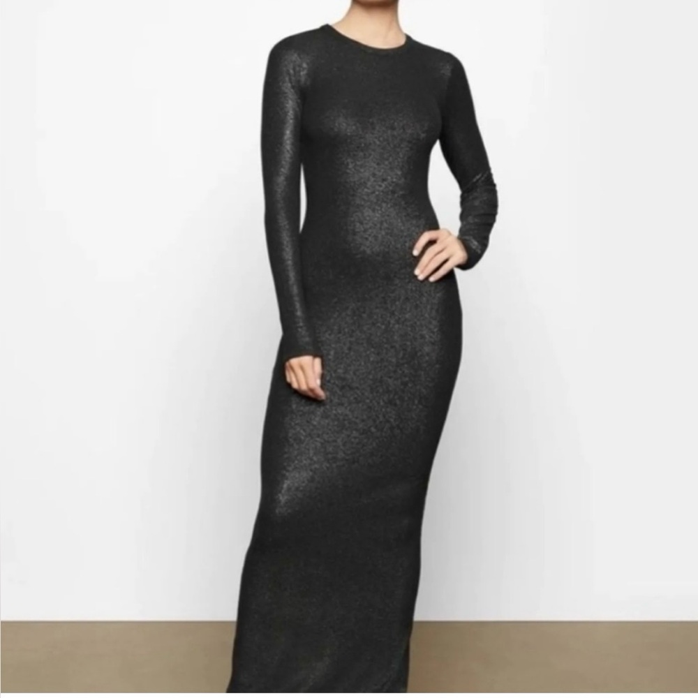 Skims Long Sleeve Maxi Dress Black Shimmer
